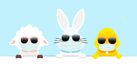 Schaf, Weißer Osterhase & Küken Maske Sonnenbrille Banner Himmel