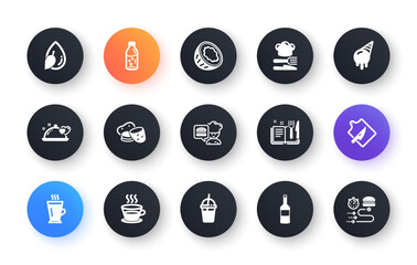 Minimal set of Cutting board, Potato and Ice cream flat icons for web development. Coffee cup, Recipe book, Coconut icons. Water drop, Wine, Coffee cocktail web elements. Food. Vector