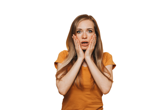 Astounded speechless redhead woman in fear, reacts on breathtaking news , cannot believe in shocking statistics, wears bright yellow clothes, poses against transparent background. Emotions, reaction.