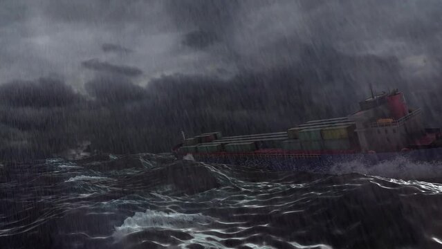 Cargo ship with containers swing in stormy ocean
Rain and lightnings with high waves, freight shipping concept
