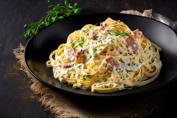 fettuccine cooked from scratch with a white cream sauce. eggs, hard cheese, cured pork, and black pepper in fettuccine Carbonara. Italian cuisine. Generative AI - obrazy, fototapety, plakaty