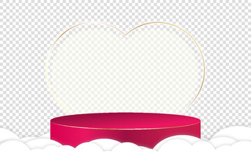 Vector valentine on a transparent background, white clouds. pink podium. Beautiful postcard with a podium for advertising and selling goods. Festive illustration, Mother's Day, Valentine's Day, March