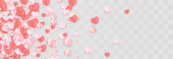 Paper flying hearts isolated on png background. Love symbol for Happy Women's, Mother's, Valentine's Day and birthday celebration. Vector illustration on transparent background