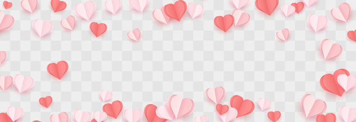 Paper flying hearts isolated on png background. Love symbol for Happy Women's, Mother's, Valentine's Day and birthday celebration. Vector illustration on transparent background