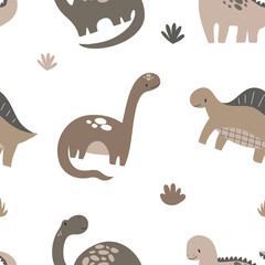 Vector hand drawn repeating pattern with cute dinosaurs and textures in boho style for children's and textile decoration.