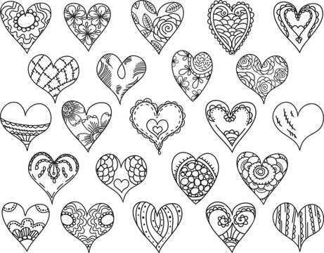 Hand painted flowers with floral decorative elements. Valentine hearts, wedding ornaments. Vector illustration, PNG