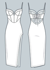 Women Dress with Corset technical fashion illustration. Evening midi Dress fashion flat technical drawing template, straps, side slit, lace-up, front and back view, white, CAD mockup.