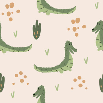 Seamless pattern hand drawn cute crocodile for t-shirt, card, poster design for kids. Vector illustration design for fashion fabrics, textile graphics, prints
