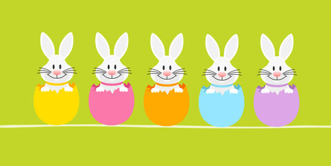 5 Osterhasen In Eierschalen Banner Grün