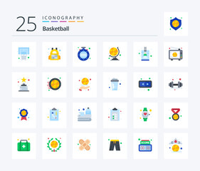 Basketball 25 Flat Color icon pack including basketball. id. minutes. card. sports club globe
