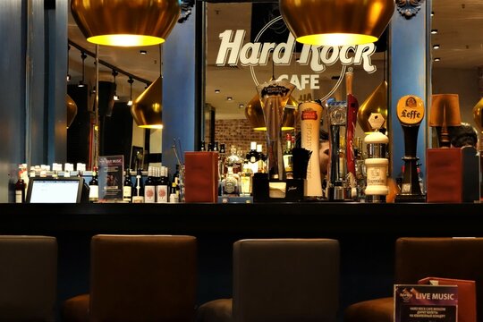 Lunching on a burger and cocktails at the now closed Hard Rock cafe on Arbat in Moscow, Russia, Moscow - November 20, 2018