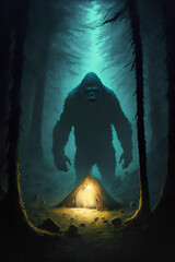 Giant forest bigfoot with tent - obrazy, fototapety, plakaty