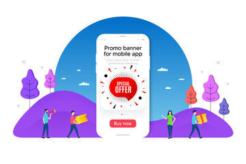 Special offer sticker. Phone ui interface banner. Discount banner shape. Sale coupon bubble icon. Mobile smartphone promo banner. Special offer tag. Man with gift box. Vector