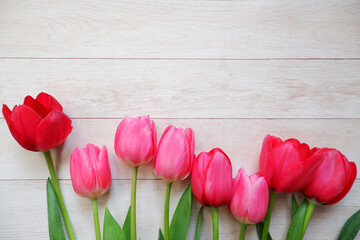 colorful tulips composition on white wooden background. Spring flowers, floral background for...