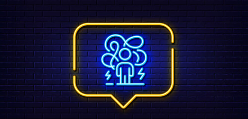 Neon light speech bubble. Difficult stress line icon. Anxiety depression sign. Mental health or Psychology symbol. Neon light background. Difficult stress glow line. Brick wall banner. Vector