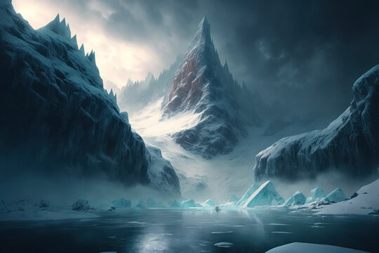 Fantasy winter landscape. Mountain snowy and icy formation. Canyons snowy region. Large cliff. Long, deep, narrow body of frozen water that reaches far inland.