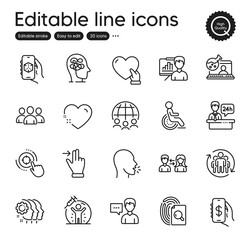 Set of People outline icons. Contains icons as Vaccine protection, Touchscreen gesture and 3d app elements. Volunteer, Employees teamwork, Inspect web signs. Disability, Global business. Vector