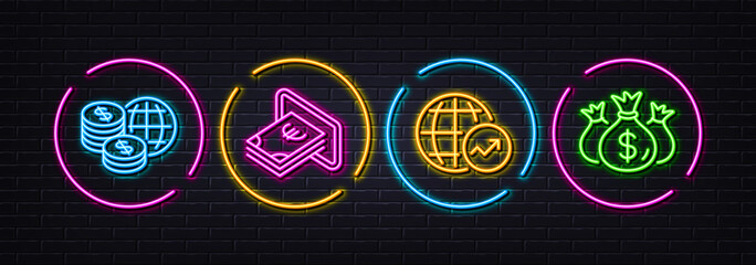Cash, World money and World statistics minimal line icons. Neon laser 3d lights. Check investment icons. For web, application, printing. Atm payment, Global markets, Global report. Vector