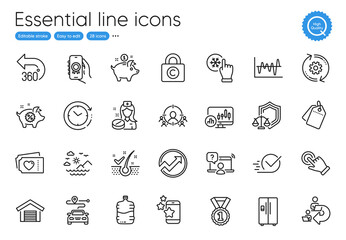 Freezing click, Sale tags and Love tickets line icons. Collection of Touchscreen gesture, Anti-dandruff flakes, Saving money icons. Piggy sale, Award app, Journey web elements. Best app. Vector