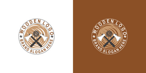Wooden logo design with creative element concept premium vector