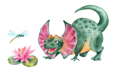 Watercolor dinosaur. A green dilophosaurus preys on a dragonfly near a water lily