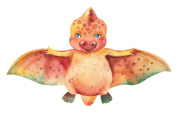 Watercolor dinosaur. Orange pterodactyl on a white background © Eva Kleinman