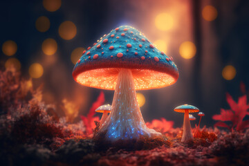 Psychedelic fluorescent mushrooms in the enchanted forest. Generative AI technology