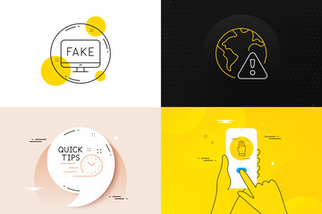 Minimal set of Multitasking gesture, Fake news and Quick tips line icons. Phone screen, Quote banners. Internet warning icons. For web development. Swipe, Propaganda tv, Helpful tricks. Vector