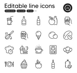 Set of Food and drink outline icons. Contains icons as Ice cream, Eco food and Refill water elements. Whiskey bottle, Coffee maker, Apple web signs. Food delivery, Restaurant app. Vector
