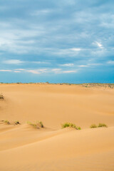 Bright blue cloudy sky over the yellow desert of Kyzylkum Kazakhstan