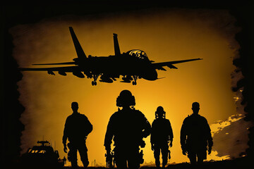 Fototapeta na wymiar Silhouettes of soldiers during Military Mission at sunset. Generative Ai