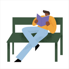 Afro American male sitting on the bench and reading a book in a relaxed pose, isolated vector illustration in flat style