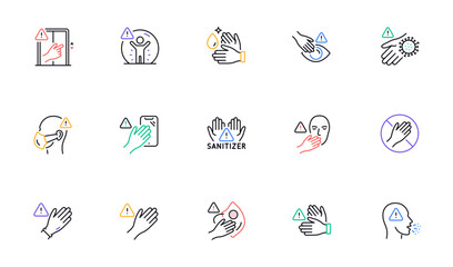 Touch warning line icons. Stop touch face, eyes and medical mask. Covid cough symptoms, wash and disinfect hands icons. Do not press lift buttons, protect face with medical mask. Vector