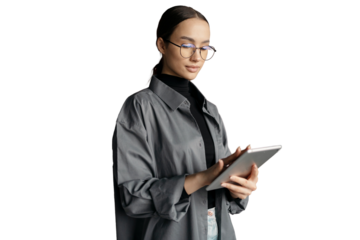 Woman with glasses formal wear manager working tablet transparent background.