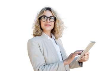 Person woman with glasses formal wear tablet manager running transparent background.