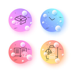 Time, Help and Packing boxes minimal line icons. 3d spheres or balls buttons. Food app icons. For web, application, printing. Clock, Documentation, Delivery package. Meal order. Vector