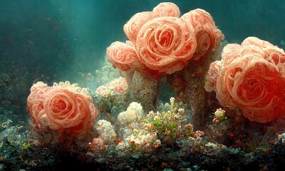 Fototapeta na wymiar Roses corals composition world under water abstraction, Generative AI
