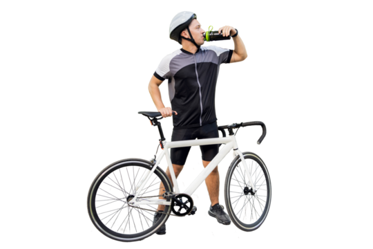 Person cyclist stands full-length bike drinking water isolated transparent background. - Powered by Adobe