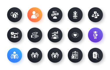 Minimal set of Safe water, Wash hands and Quiz test flat icons for web development. Friend, Work home, Online question icons. Teamwork question, Teamwork results, Fingerprint web elements. Vector