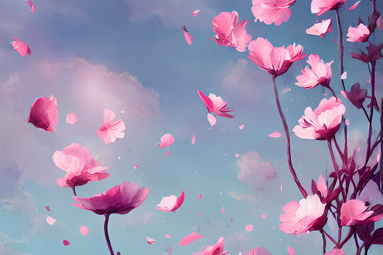 Pink petals flying from flowers in a blue sky field background IA