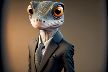 Portrait of a gecko in a stylish business suit. Generative AI. Businessman gecko illustration.  - obrazy, fototapety, plakaty