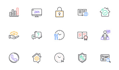 Spanner, Hold box and 24h service line icons for website, printing. Collection of Work home, Graph chart, Certificate icons. Facts, Question mark, Food time web elements. Vip shopping. Vector