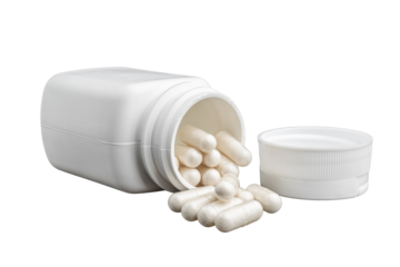White medical capsules or pills for treatment and plastic bottle isolated on transparent background, medicine and healthcare concept