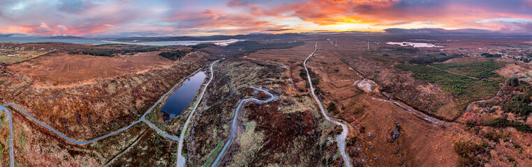 Aerial view of amazing sunrise at Bonny Glen by Portnoo in County Donegal.