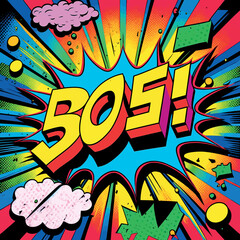 Cartoon sign of burst clouds with the word SOS. High quality illustration
