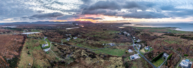 Aerial view of amazing sunrise at Lough Fad by Portnoo in County Donegal.