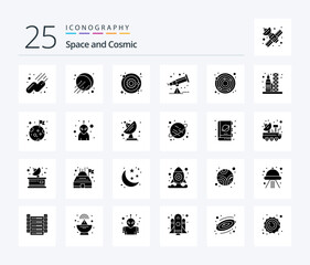 Space 25 Solid Glyph icon pack including flag. transportation. space. rocket. nadir