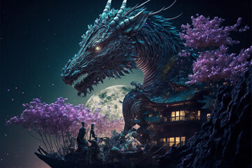 dragon in the night Generative AI  - obrazy, fototapety, plakaty
