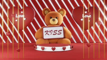 3D rendering of red podium for Valentine products on Valentine's Day.
