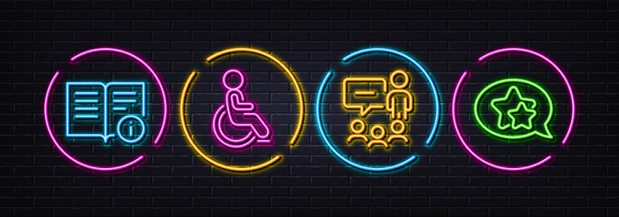 Disability, Technical info and People chatting minimal line icons. Neon laser 3d lights. Star icons. For web, application, printing. Wheelchair user, Documentation, Conference. Favorite. Vector